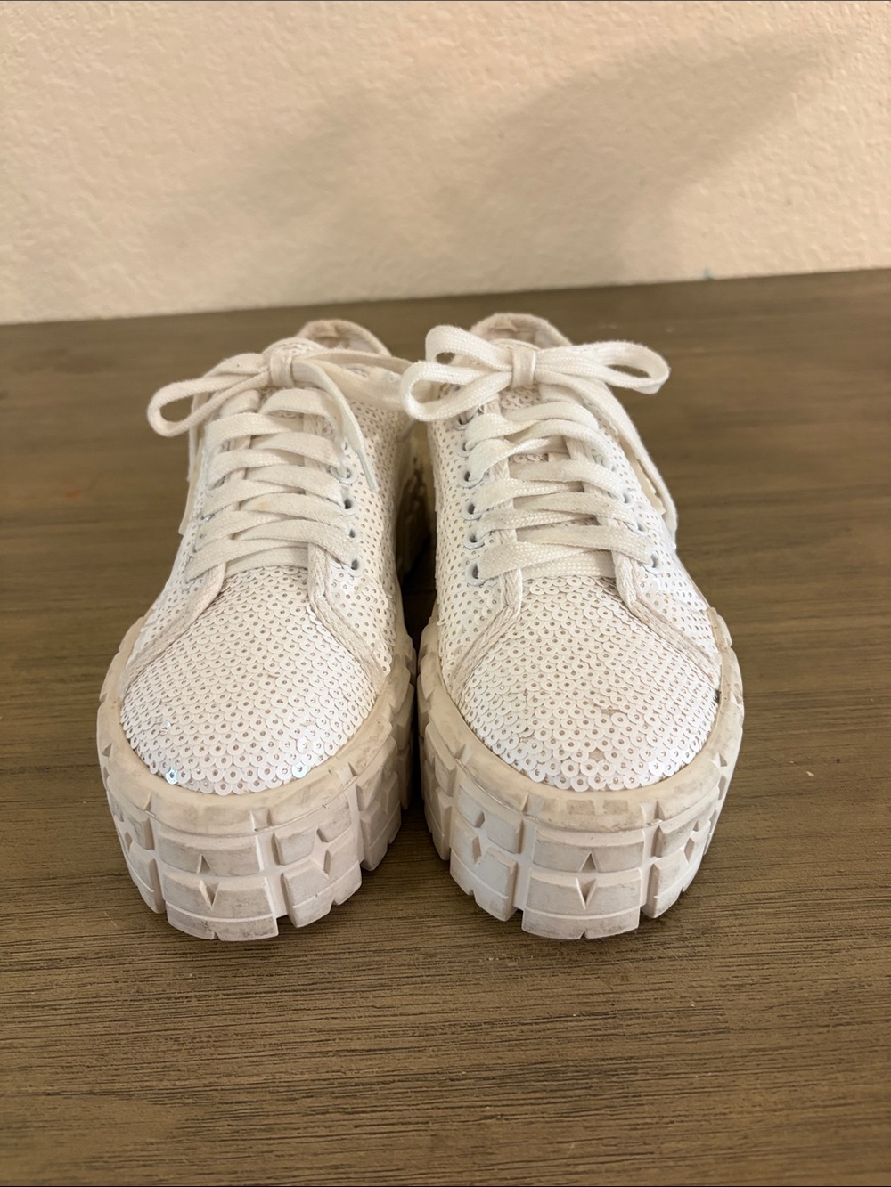 Prada White Sequins Double Wheel Platform Sneakers - Picture 3 of 11